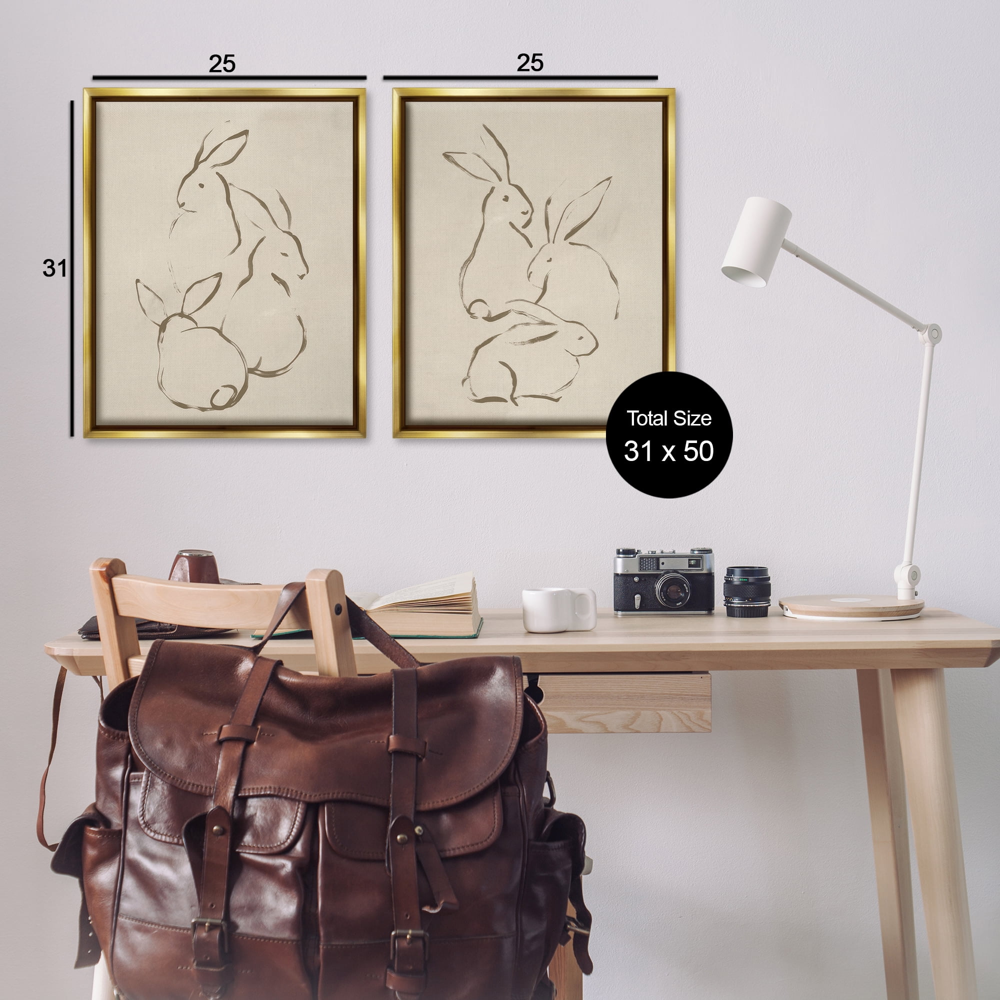 Stupell Industries Earthtone Sitting Rabbits Sketch Animals Drawing Gold Floater Framed Canvas Art Print Wall Art, 31 x 25, Set of 2