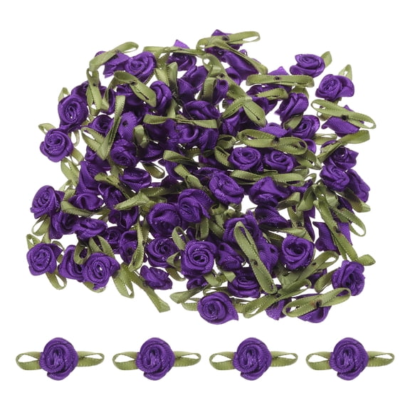 Uxcell 100 Pcs Dark Purple Ribbon Roses 5/8"x1-3/16" Mini Roses for Crafts Little Satin Bows Roses Artificial Flowers