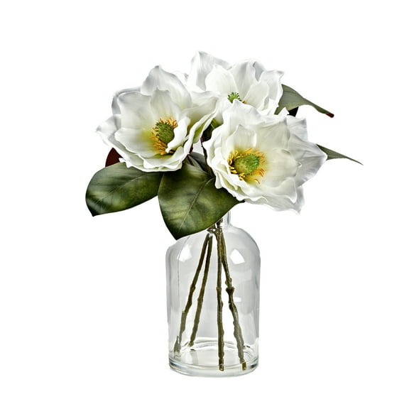 D&W Silks White Magnolias in Glass Vase