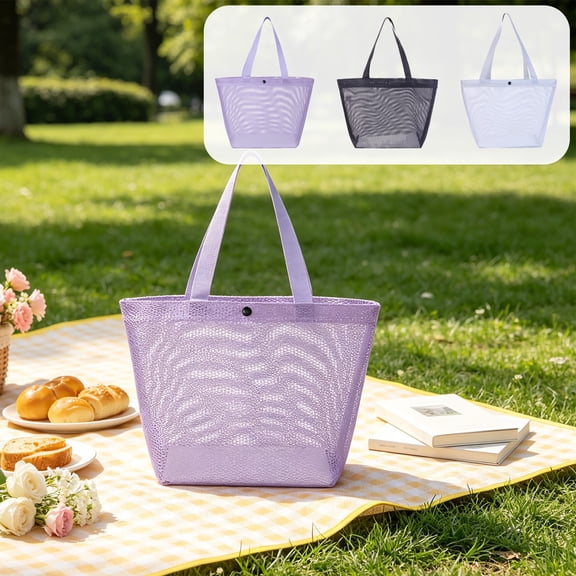 Small Mesh Beach Tote Bag, Portable Foldable Shopping Organizer, Lightweight Travel Storage Bag for Pool Gym & Grocery, Sandproof & Waterproof, Black