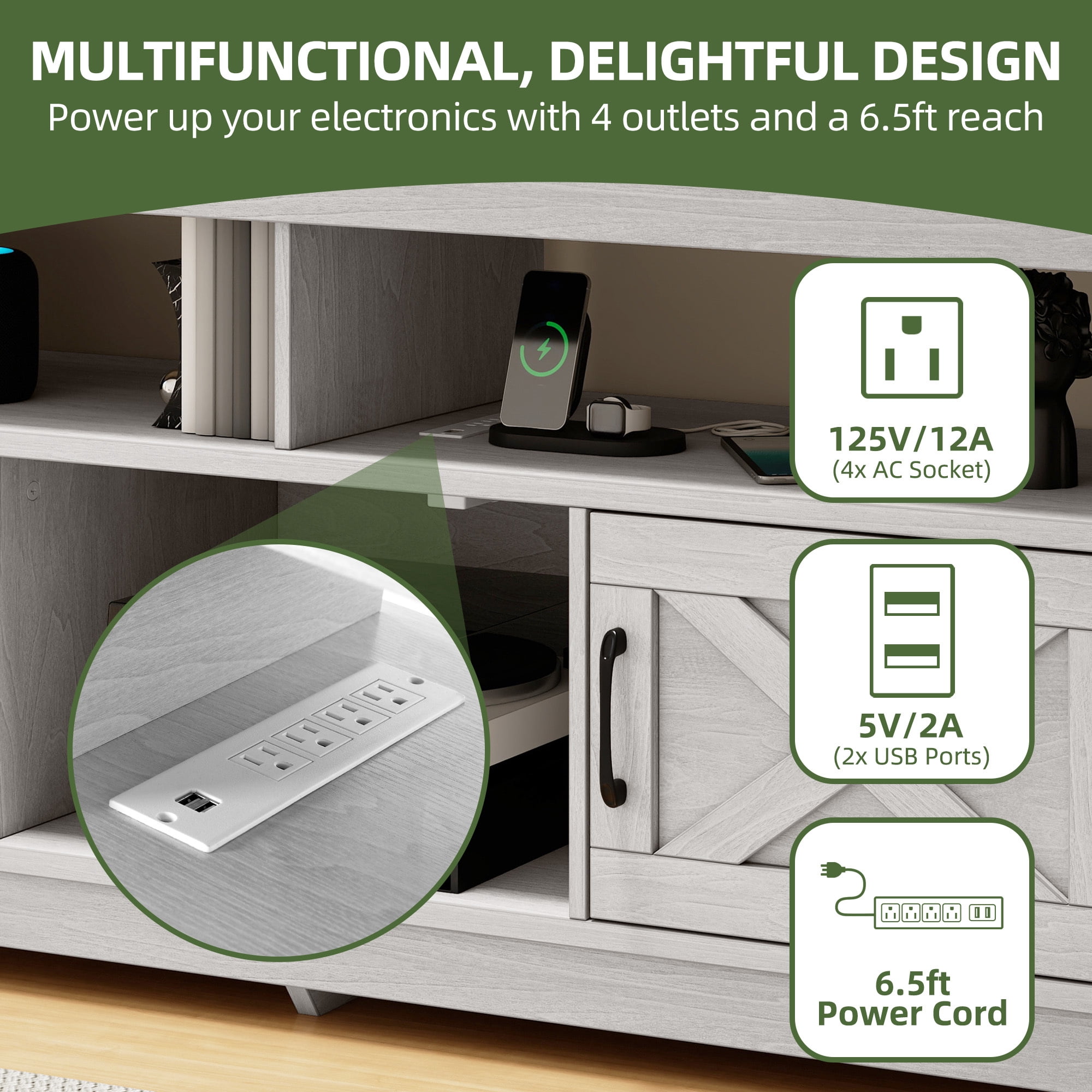Uforic 59 Inch Rustic TV Cabinet Fits 55/65 Inch TVs, with Side X-Brace Decor, Built-in Charging Station & Partitioned Open Storage Shelves, Home Living Room, Beige + White