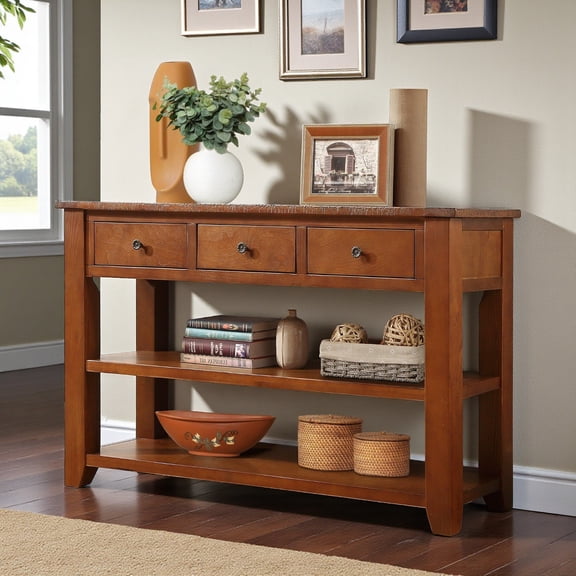 GZXS 48.82" Vintage Console Table with 3 Drawers & 2 Shelves, Farmhouse Sofa Table in Solid Pine Construction, Multi-Functional for Living Room & Hallway, Brown