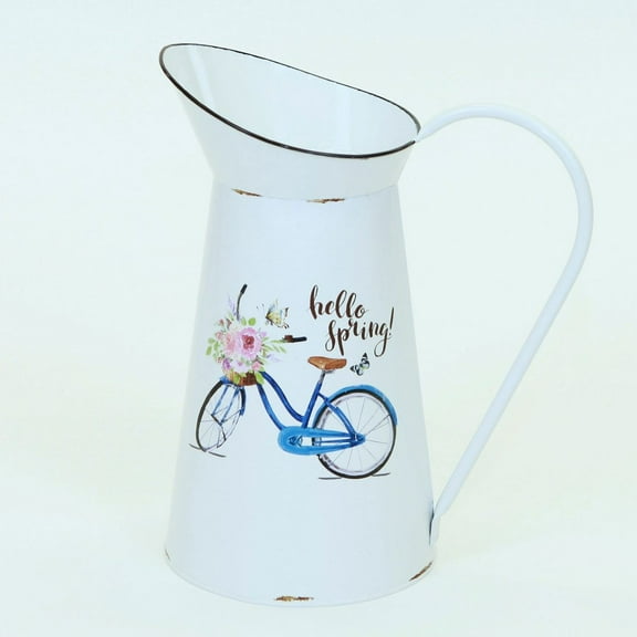 Hello Spring' White With Blue Bicycle Metal Pitcher