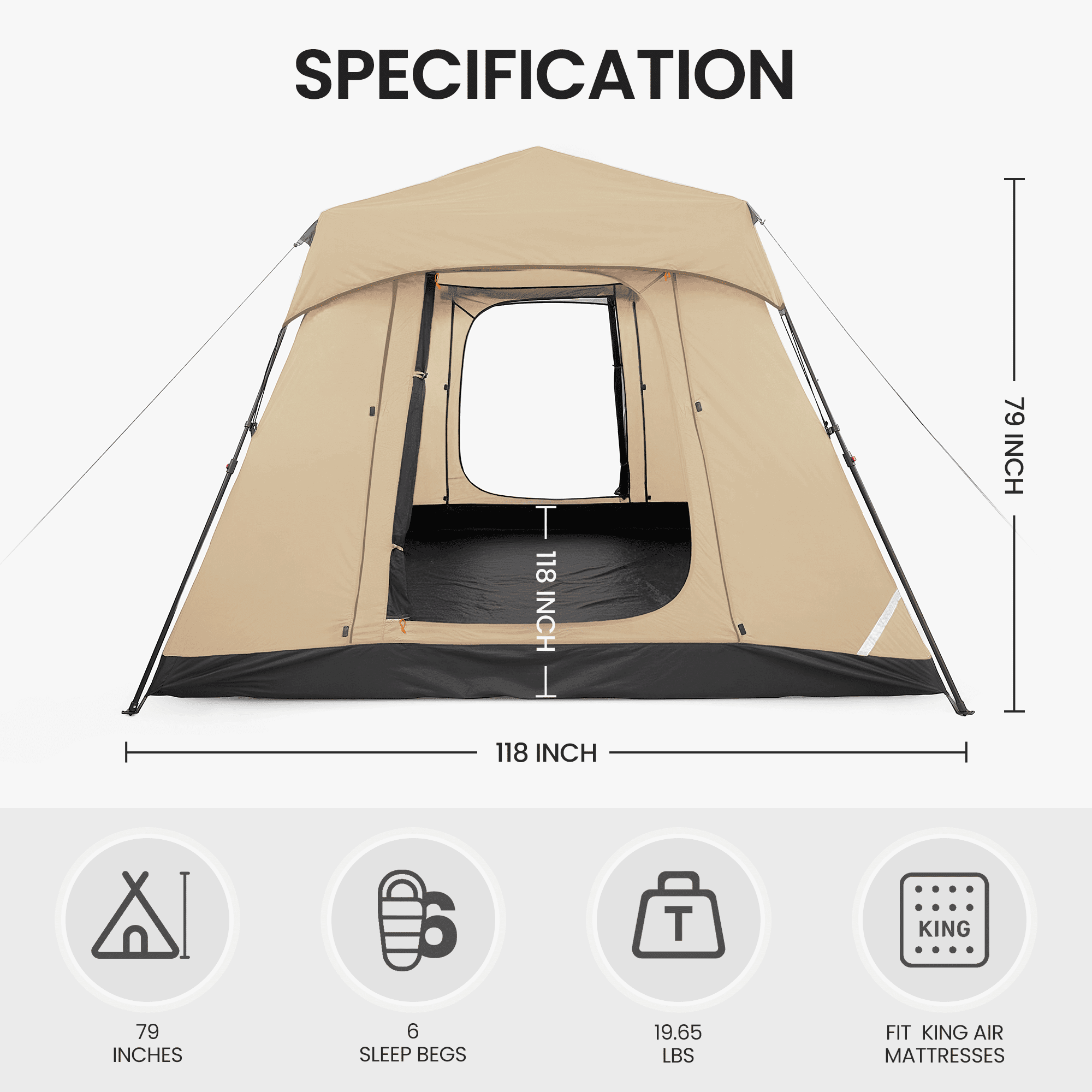 MARNUR 6-Person Instant Cabin Tent, Camping Tent with Carry Bag , Instant Setup, Outdoor, Hiking, Traveling, Beige