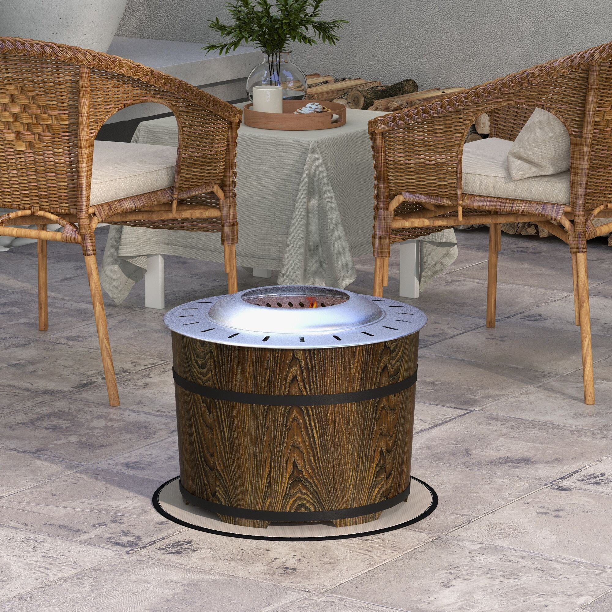 Outdoor Grill, Smokeless Fire Pit with Fireproof Mat, 20" Barrel Style Portable Wood Burning Firepit, Magnesium Oxide Low Smoke Camping Bonfire Stove for Backyard, Patio, Picnic, Brown, BBQ Grill