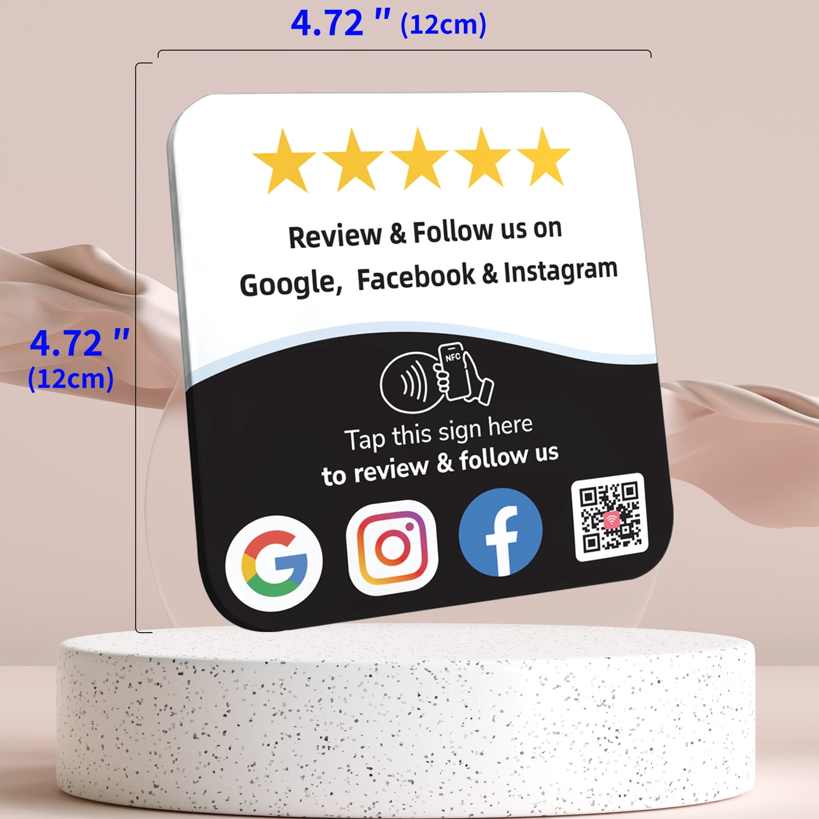 Google Review Tap Card Plate & Social Media Sign – NFC Review QR Code Sign compatible with Instagram & Facebook QR Code Follow Us – Business Rating Display with Stand & Adhesive – No App,No Fees