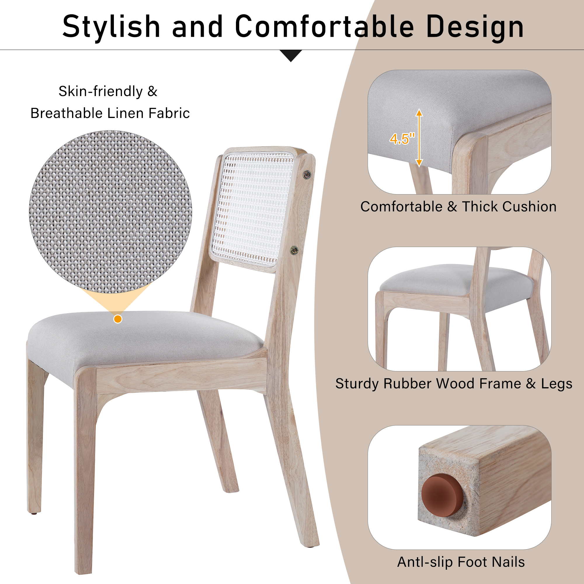 Euroco Wood Dining Chairs Set of 2, Modern Kitchen Side Chairs with Padded Seat and Rattan Back,Farmhouse Accent Chairs for Dining Room,Beige