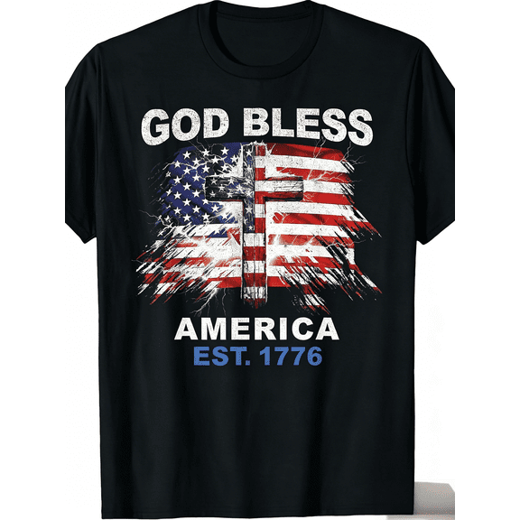 God Bless America Christian Cross Flag T-Shirt - Retro Vintage 250 Years 1776-2026, Suitable for, Round Neck Casual Wear for 4th of, Church Events & Everyday Pride Apparel