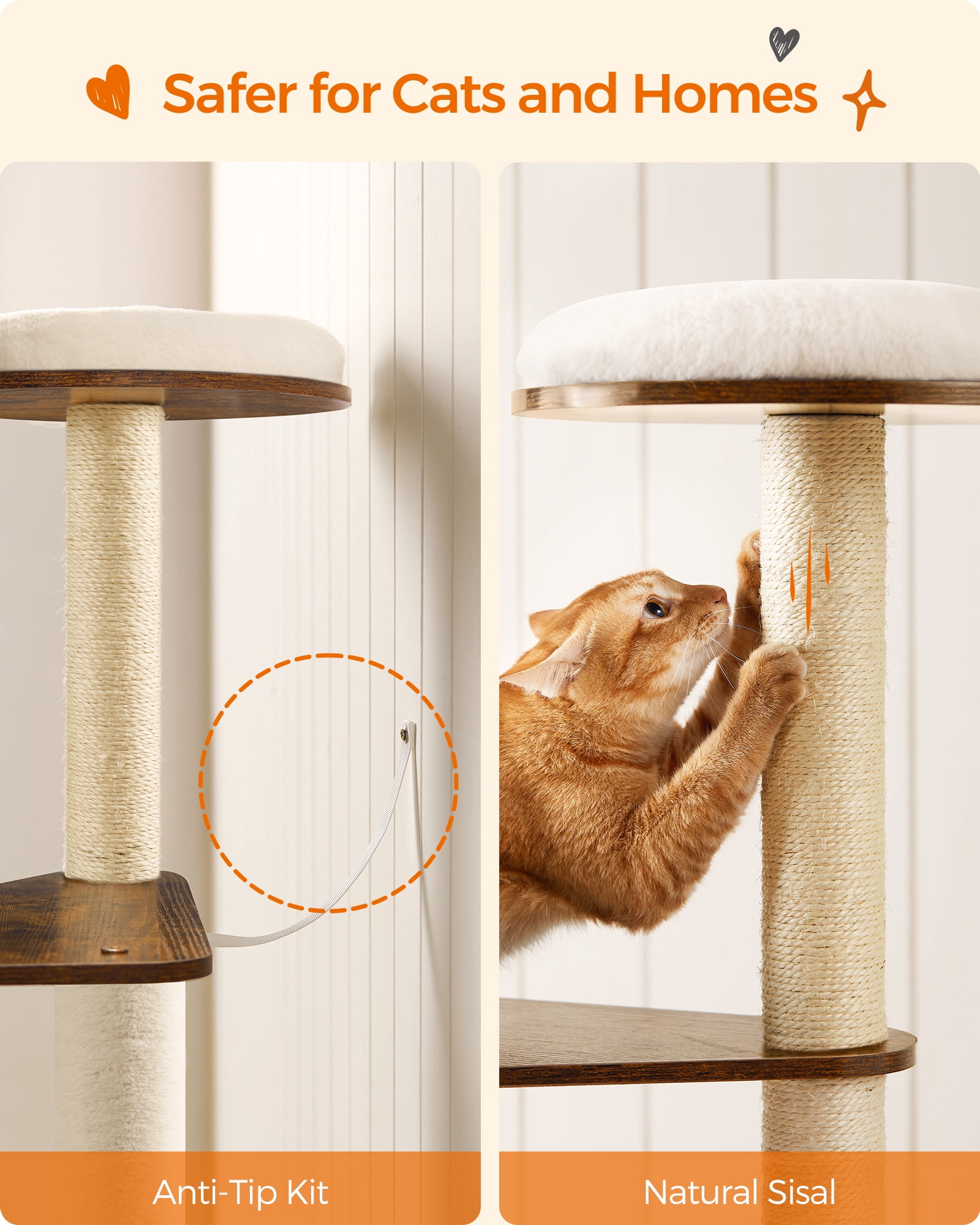 WoodyWonders Cat Tree, 65-Inch Modern Cat Tower for Indoor Cats, Multi-Level Cat Condo with Scratching Posts, Cat Furniture, Rustic Brown