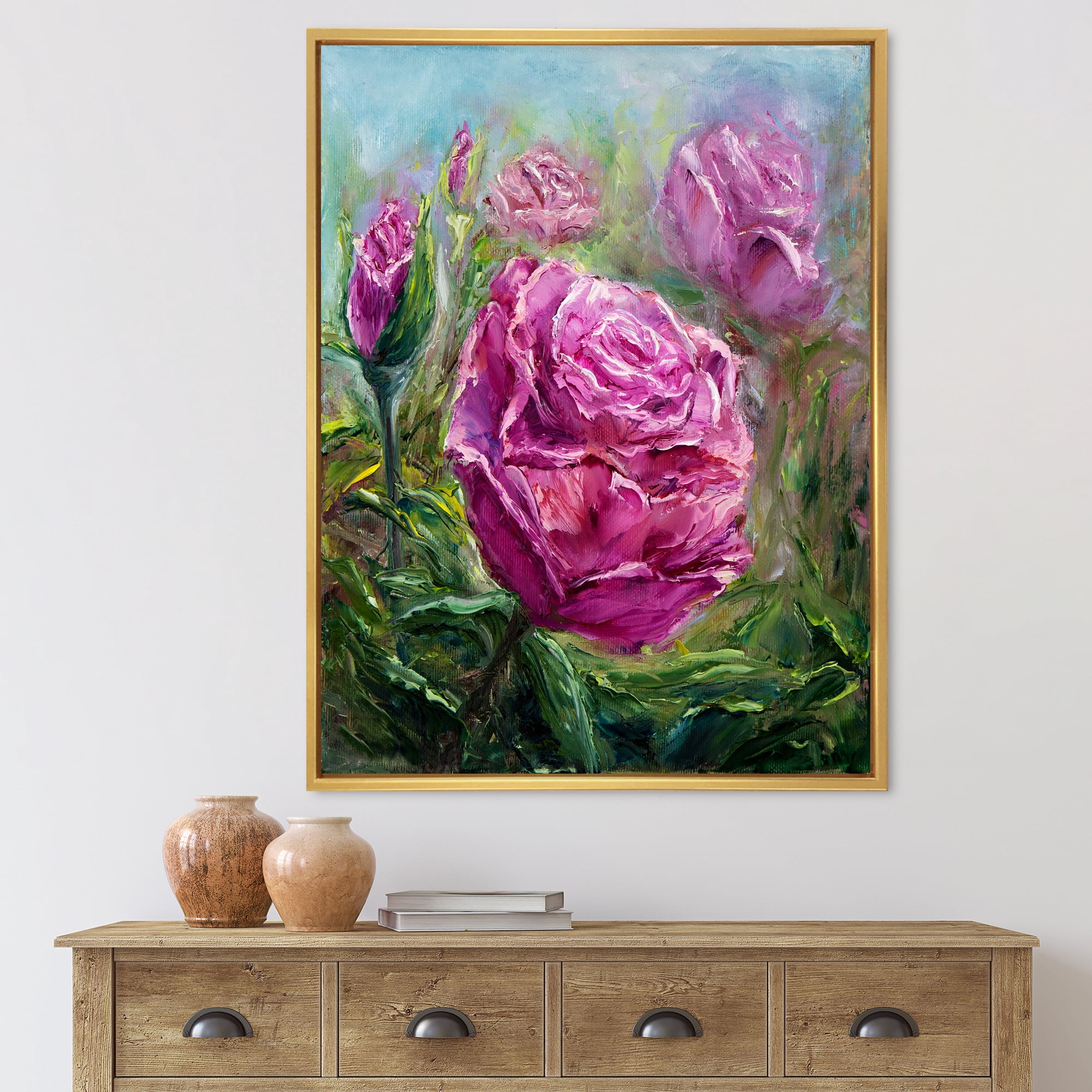 Designart 'Abstract Pink Peonies' Traditional Framed Canvas Wall Art Print