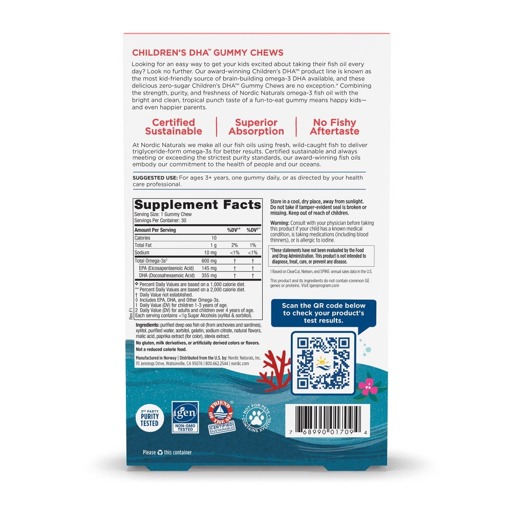 Nordic Naturals Children's DHA Gummies, 600 Mg, EPA & DHA , Non-GMO, 30 Ct
