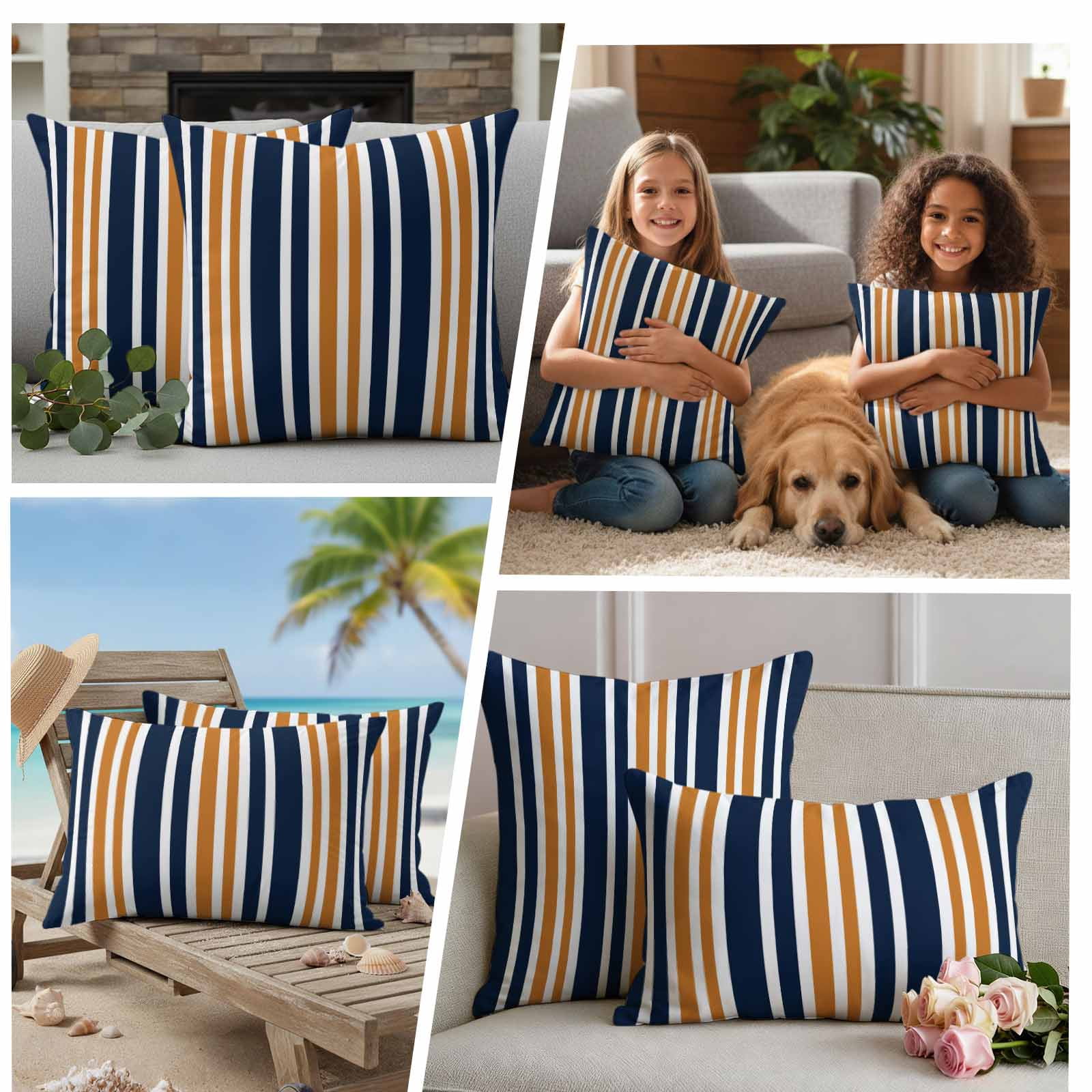 Orange Navy Blue Striped Outdoor Waterproof Pillow Covers, Modern Minimalist Ombre Lines Decorative Square Throw Pillowcase Sofa Cushion Sham for Patio/Couch/Chair, 26"x26" 2 Pack
