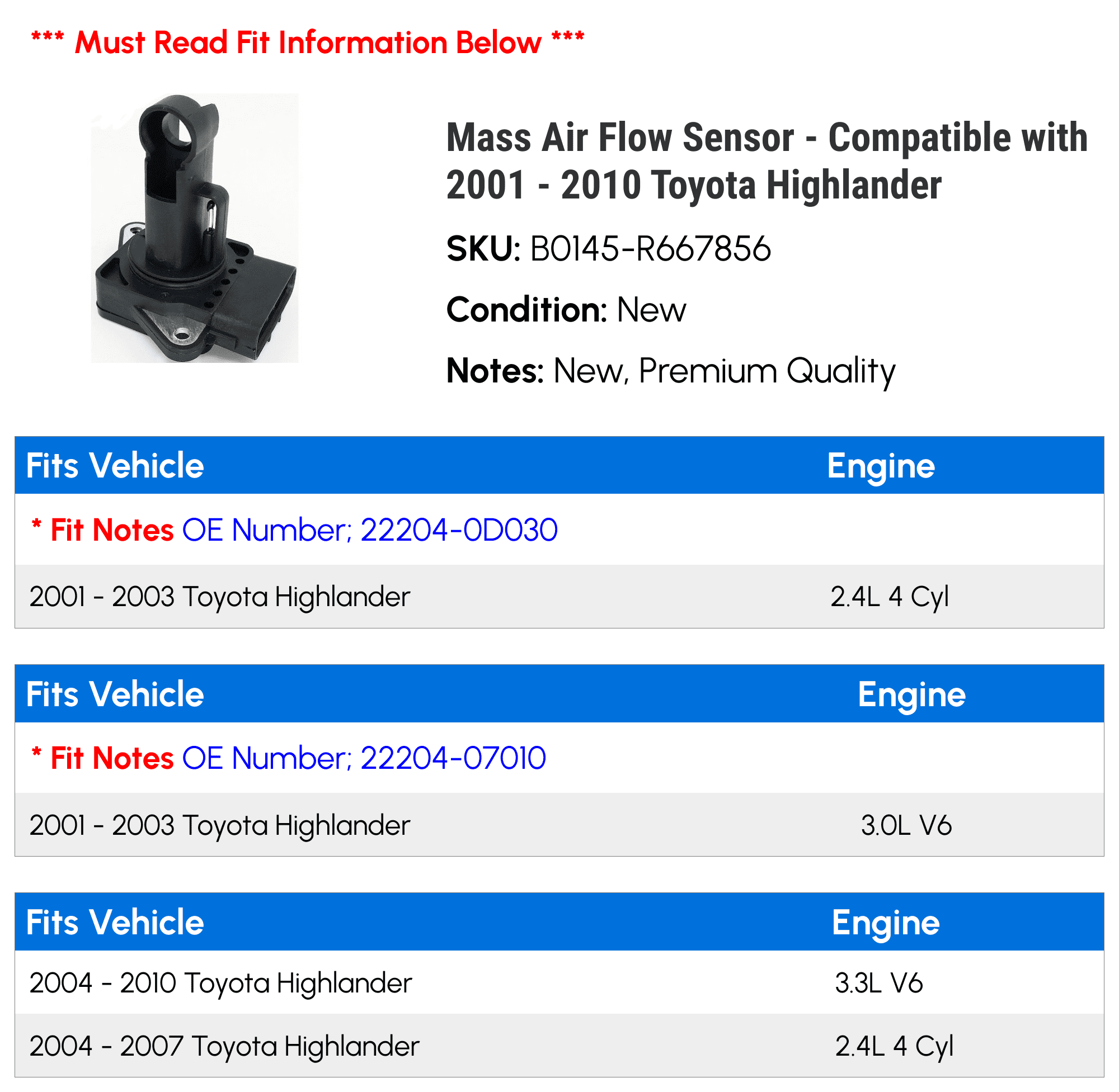 Mass Air Flow Sensor - Compatible with 2001 - 2010 Toyota Highlander 2002 2003 2004 2005 2006 2007 2008 2009