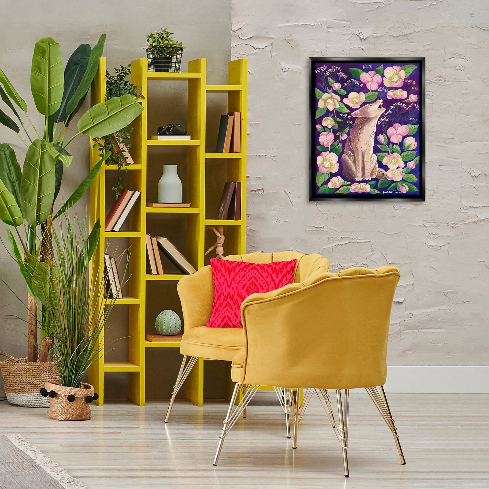 Stupell Industries Coyote & Pink Florals Animals Painting Black Floater Framed Canvas Art Print Wall Art, 17 x 21