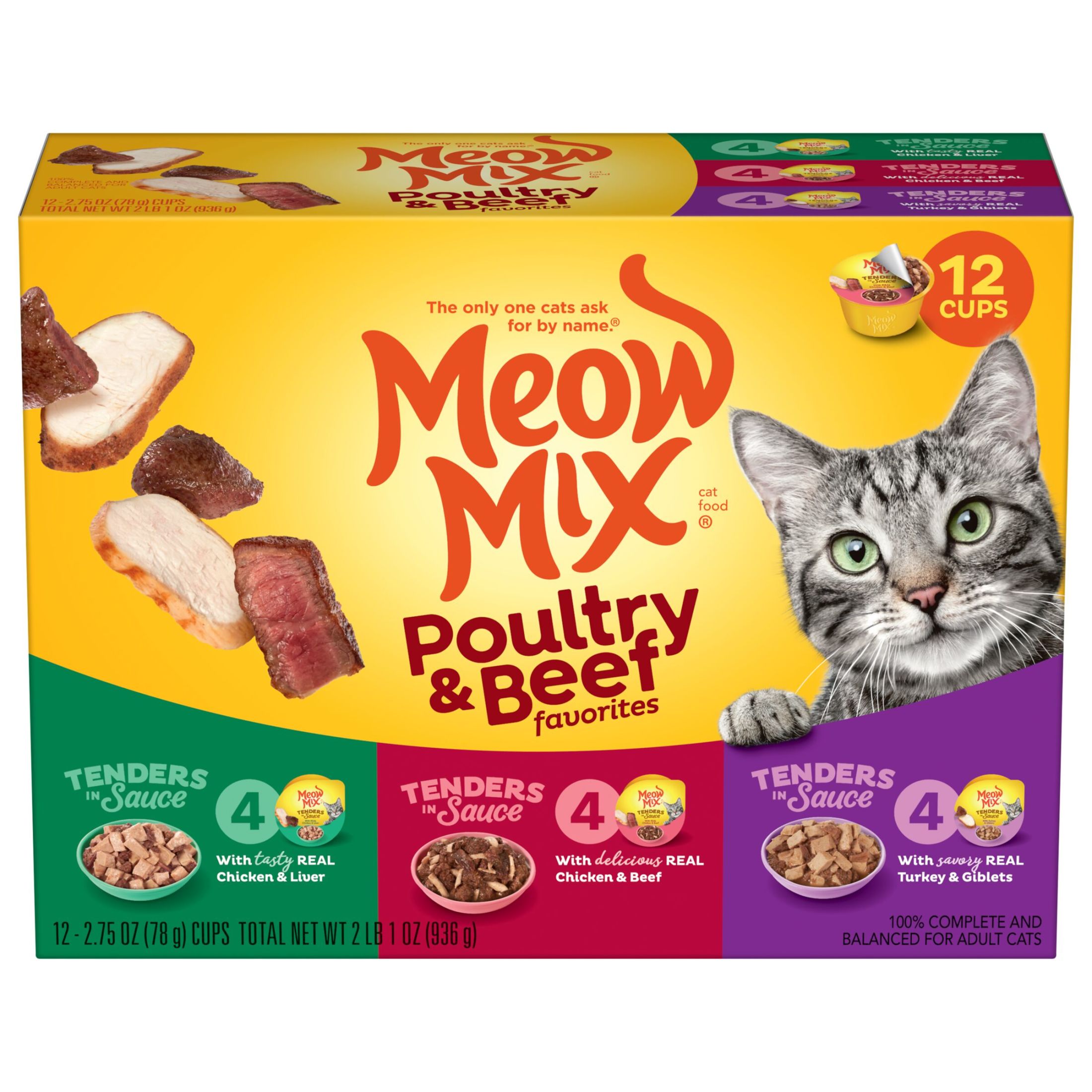 Meow Mix Tender Favorites Poultry & Beef Variety Pack, Wet Cat Food, 2.75 oz Cup (12 Pack)