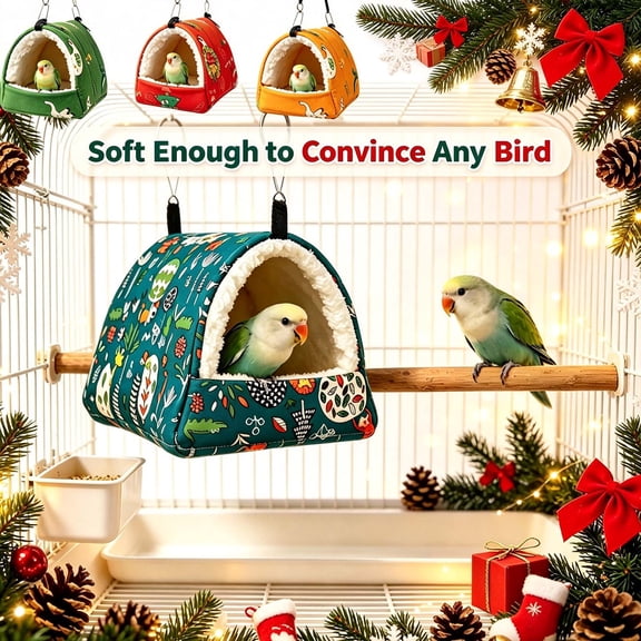 Chirstmas Bird Nest House, Winter Warm Snuggle Hut, Bird Bed, Hanging Hammock for Parrots Budgies Parakeets Caique Senegal Cockatiels Conures, A _ Green _ S