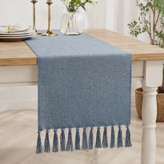 Cotton Linen Table Runner 13x72 Inch Dusty Blue with Hand Tassels for Dining Table Decor