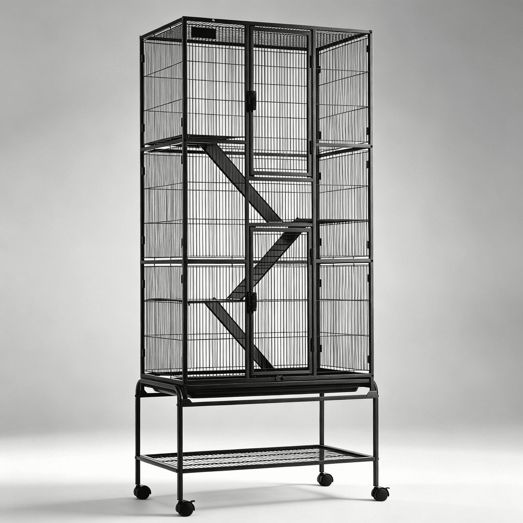 Multi-Level Small Animal Cage with Ramps and Tray for Ferrets, Chinchillas, and Guinea Pigs, Black Metal Pet Enclosure for Indoor Play and Rest