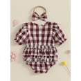 thumbnail image 6 of Suealasg Baby Girl Bubble Romper Short Sleeve Plaid Print Bodysuit Headband Newborn Girl Summer Clothes, 6 of 9