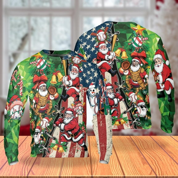 Baseball Santa Christmas Sweatshirt, Patriotic USA Flag Holiday Crewneck, Funny Santa Playing Baseball Festive Pullover for Men Women