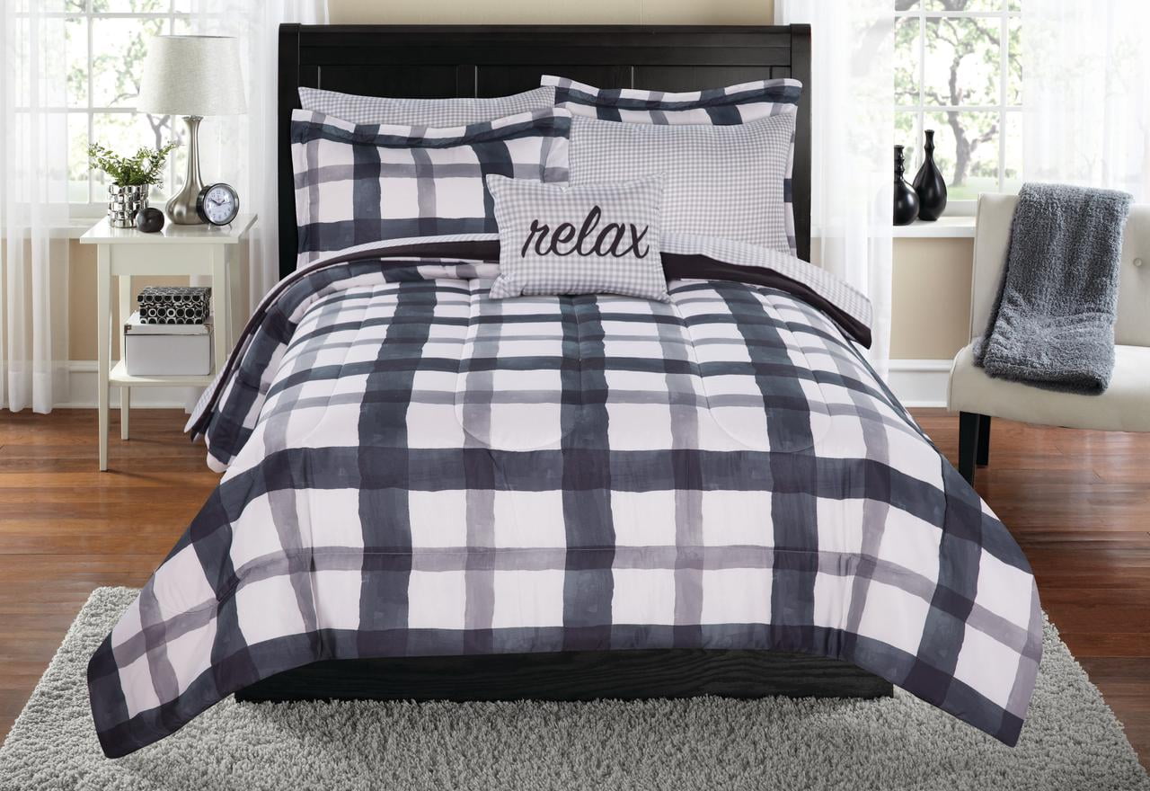 Mainstays Watercolor Plaid Grey 8Piece Bed in a Bag Bedding Set, Queen