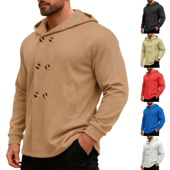 Agkizg Men's Fall Winter Jackets, Solid Hooded Button Down Trench Coat Slim Fitting Mid-Length Long Sleeve Casual Windbreaker Jacket with Pockets