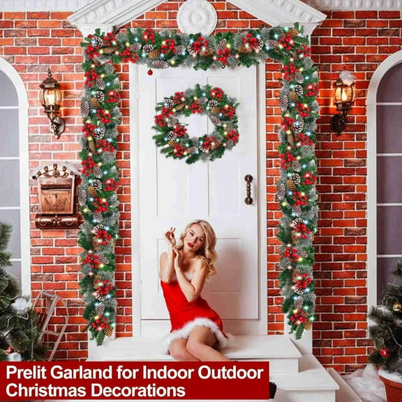 Timer & 8 Mode 9 Ft by 10 Inch 50 LED Prelit Christmas Garland Decorations Colorful Lights Thick 270 Lifelike Snowy Tips 70 Red Berry 10 Pinecone Xmas Garland Fireplace Door Stairs Home