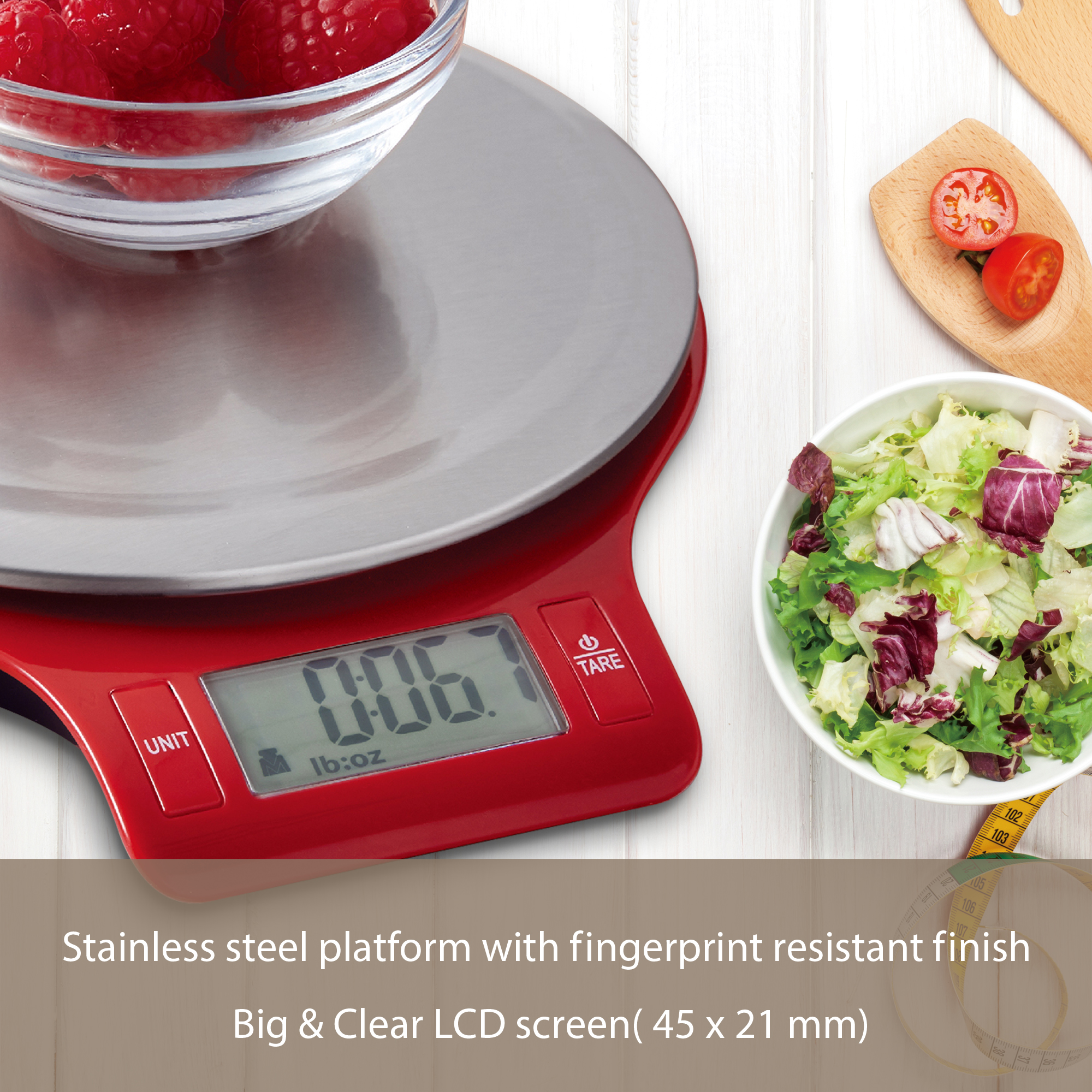 Mainstays Round Stainless Steel Digital Kitchen Scale, Red - image 5 of 11