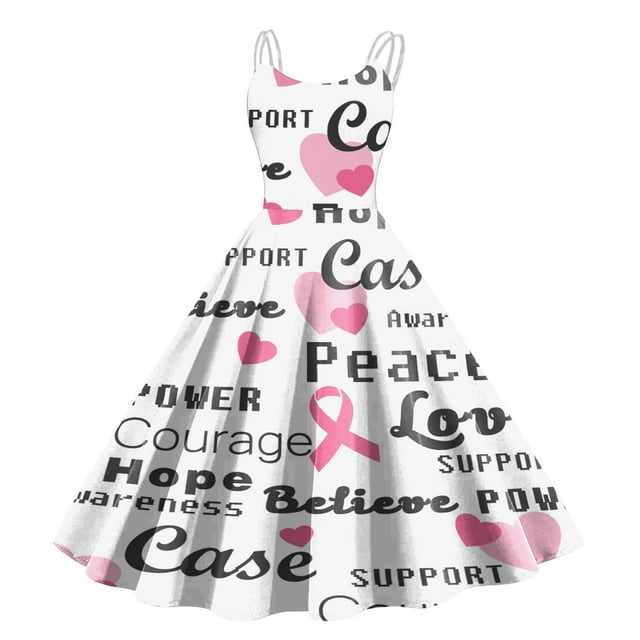 TJAZFJPA Robes d'Hiver Femmes Robe Cancer Femmes Robe Cancer Ruban Rose Imprimé Sensibilisation au Cancer Sans Manches Robe des Années 1950 Plus Forte Que le Cancer Robe à Manches Courtes Robe à Franges Robes Perles pour Femmes