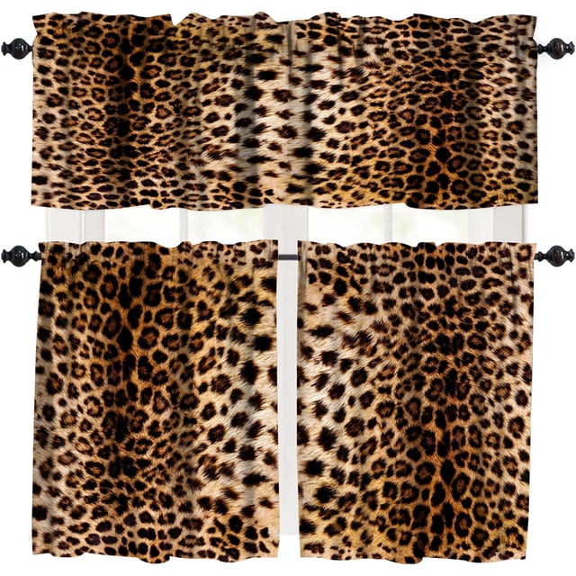 Leopard Pattern Window Valance 3 Piece Set,Vintage 3D Wild Animal Fur Print Home Bedroom Living Room Kitchen Decorative Valance