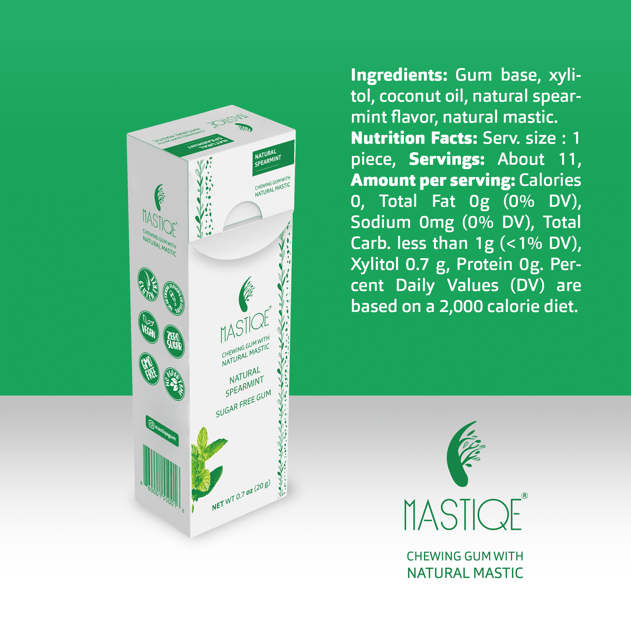 Mastiqe Sugar Free Chewing Gum with Natural Mastic -Spearmint (12 Pack)