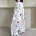 thumbnail image 7 of Bmisegm Girls Cargo Pants Wide Leg with 3D Floral Embroidery Casual Loose Fit Trousers for Kids Comfortable Playwear Trousers for Girls 6-16 Years 01_White,11-12 Years, 7 of 7