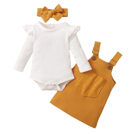 

Spring hue Newborn Baby Girl Clothes Ruffle Long Sleeve Ribbed Romper Pocket Suspender Skirts Overalls Dress