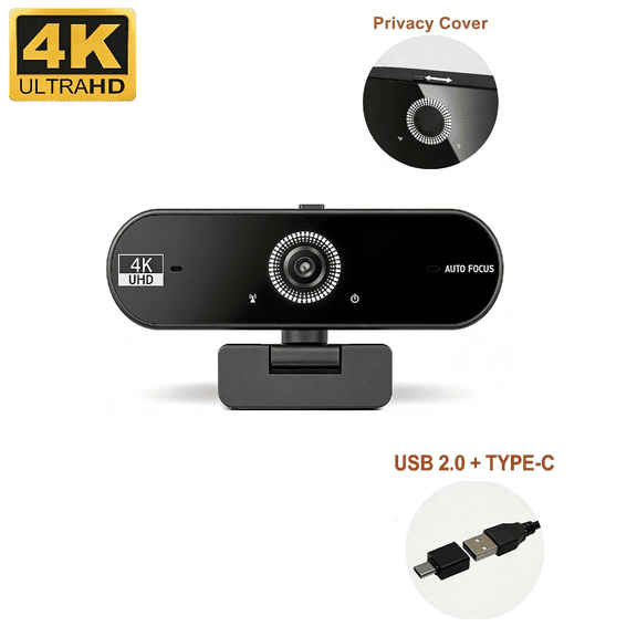 JETO W08 1-Pack 4K Web Camera, 30fps Autofocus Camera with Hidden Privacy Shutter, USB 2.0, Type-C Adapter for Work, Study and Streaming