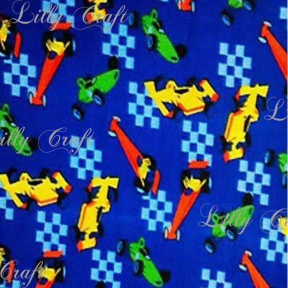 Lilly Craft Race Cars on Blue Fleece Anti-Pill FABRIC 58-60" Wide Sold by the Yard
