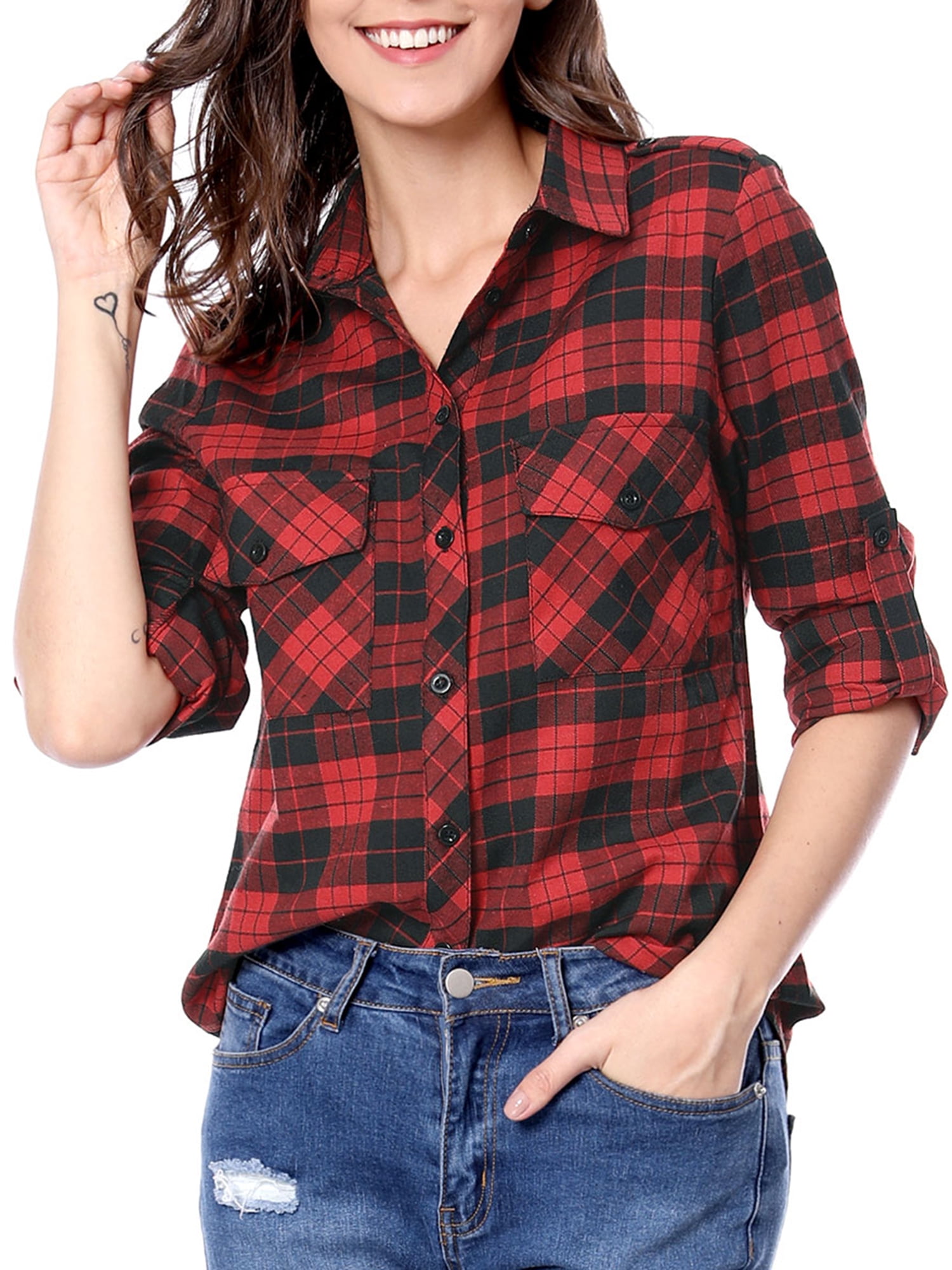 red check shirt and black jeans