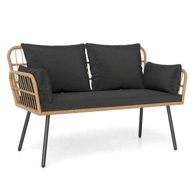 Costway Patio Wicker Loveseat Furniture with Seat Back Cushions, Heavy-Duty Metal Legs Black