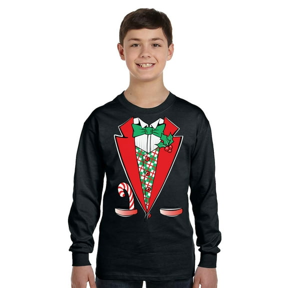 Tuxedo Christmas Costume Xmas Long Sleeve Shirts for Kids - Youth XS S M L XL - Merry Christmas Holiday Funny Xmas Tee for Boys for Girls