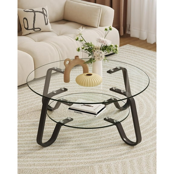 31.5" Round Tempered Glass Coffee Table with Metal Legs & Lower Shelf, Modern Double-Layer Glass Coffee Table for Living Room Small Space, Black