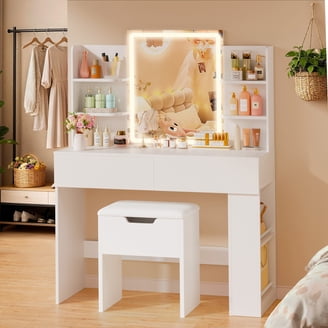 vintage ladies dressing table set Bellemave Makeup Vanity Table Set with Stool, Vintage Vanity Desk with Flip  top Mirror and Drawers Dressing Table with Jewelry Storage Compartments for  Bedroom, White