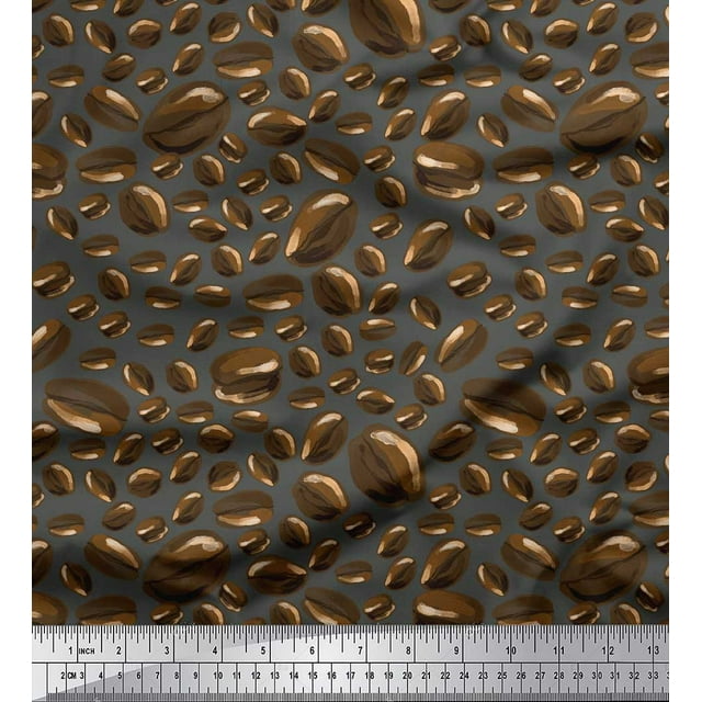 Soimoi Gray polyester Crepe Fabric Coffee Beans Food Printed Craft Fabric by the Yard 52 Inch Wide