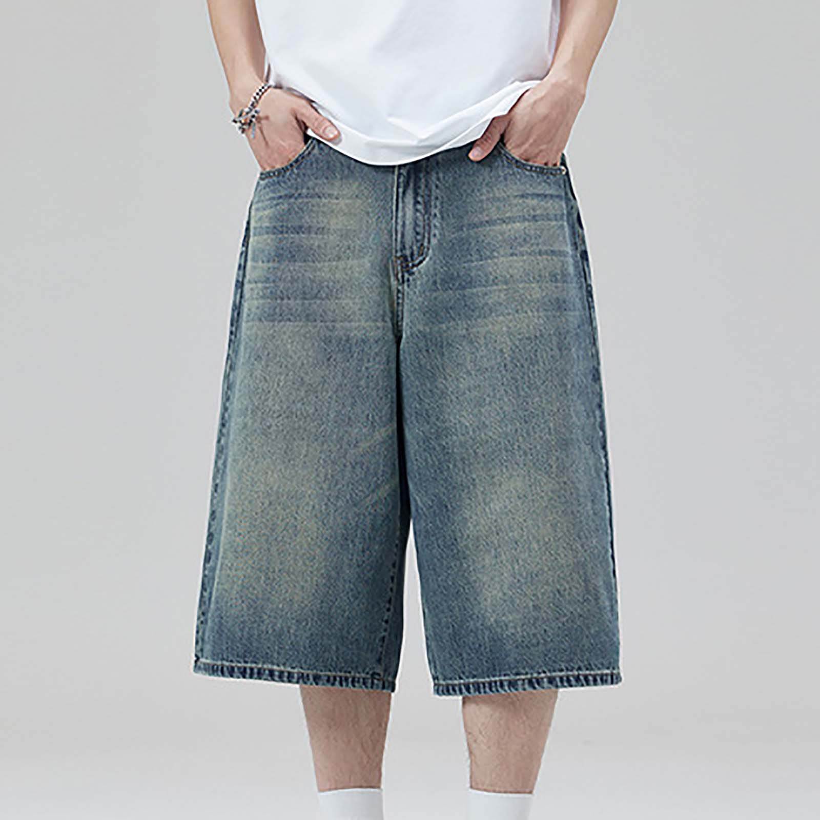 Mens Baggy Jean Shorts Loose Fit Long Denim Shorts Vintage Washed Below Knee Jorts Streetwear Hip Hop