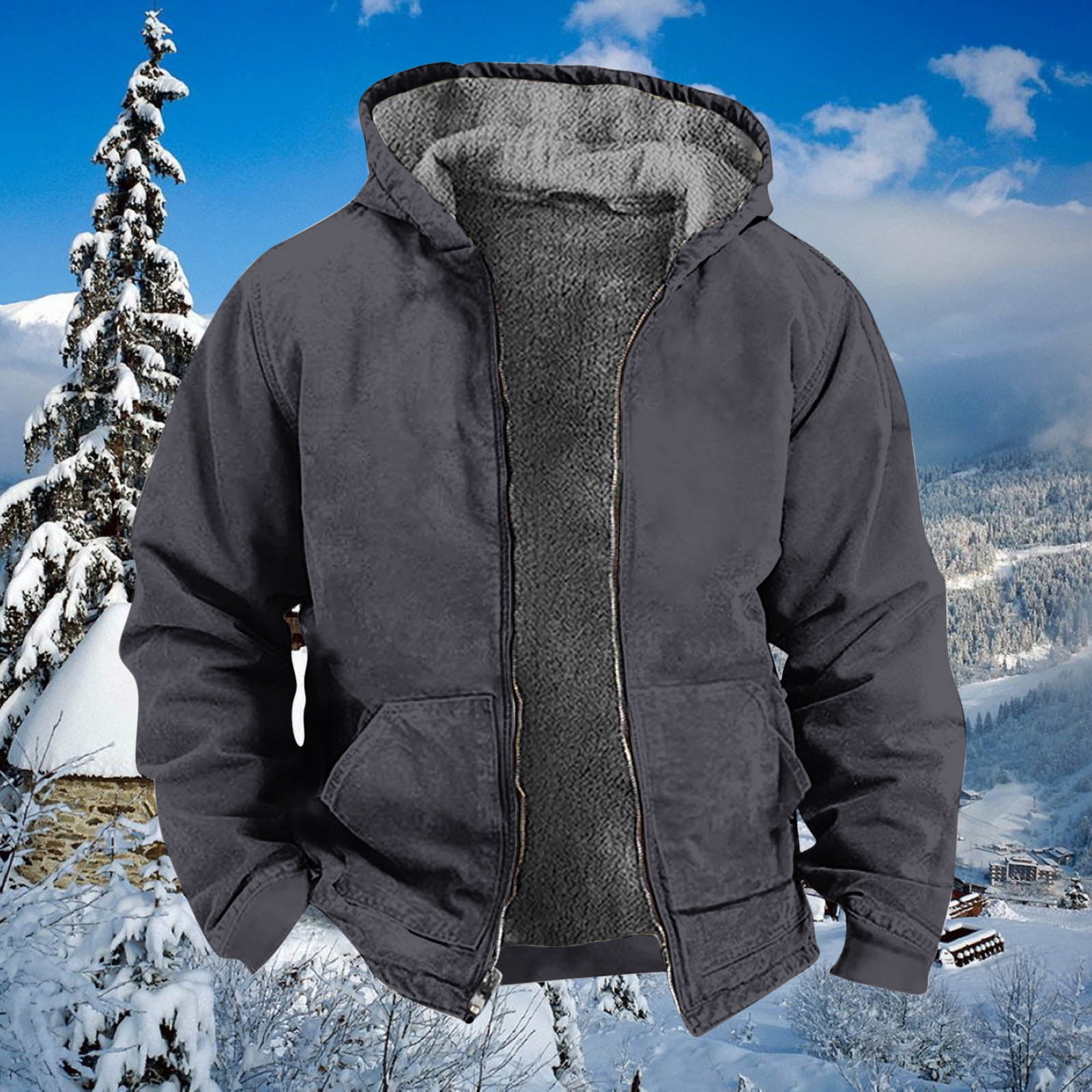 Winter!Brilliant Jackets for Men Puff Men's Winter Long Sleeved Cardigan Pockets Warm Plush Hooded Jacket Fleece Sweater Coat Heavy Weight Gray L