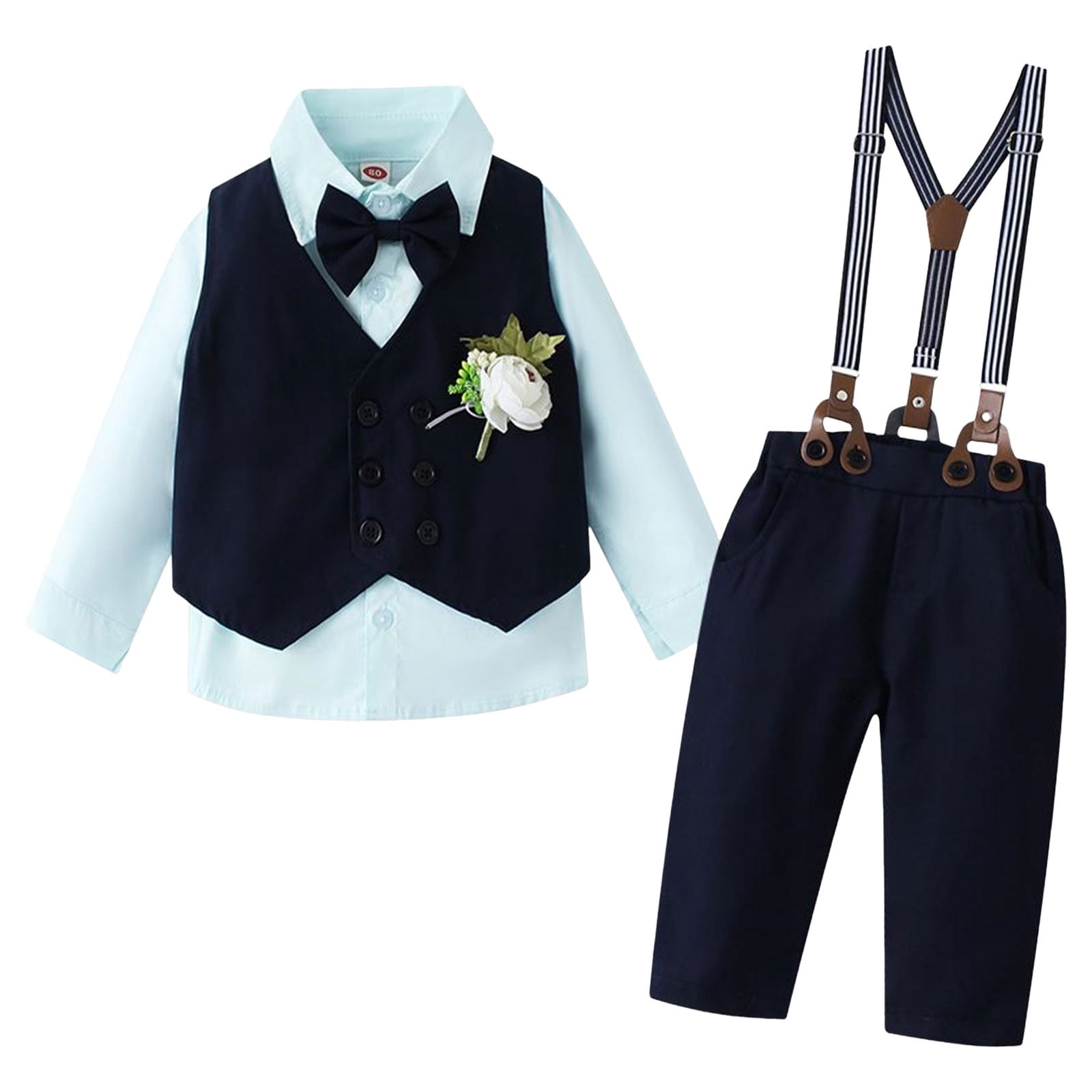 Gubotare Suit for Baby Boy Boy Suit Toddler Boys Formal Dress Outfit Shirt+Printed Tie+Vest+Pants Baby Tuxedo Boys Wedding Clothes 12 18 Months,(Navy 12-18 Months)