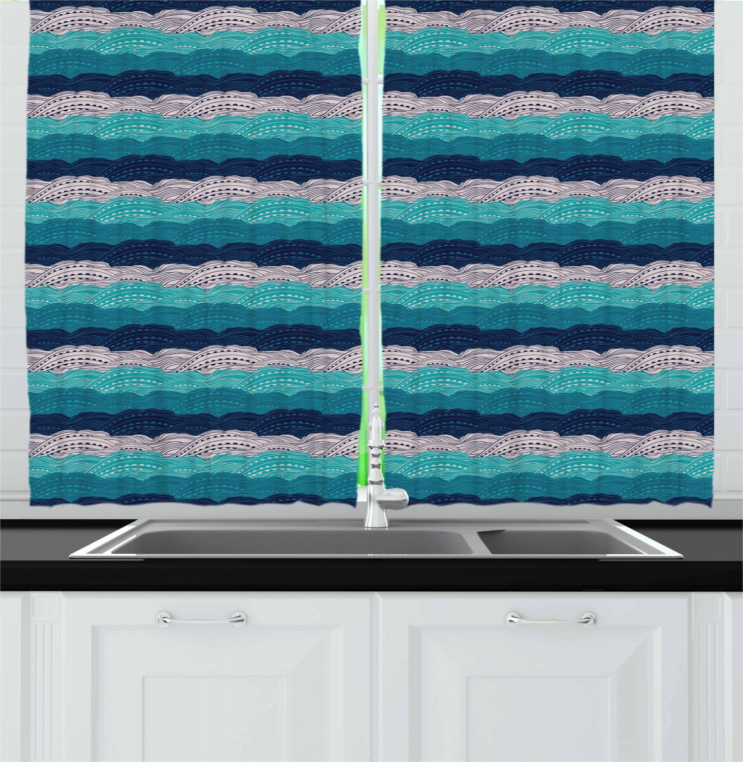 Wave Curtains 2 Panels Set, Abstract Ornamental Ocean Waves with Lines