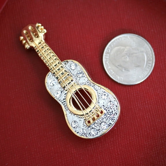 Golden Tone Clear Crystal Colored Rhinestones Acoustic Guitar, Electric Guitar Brooch Pin