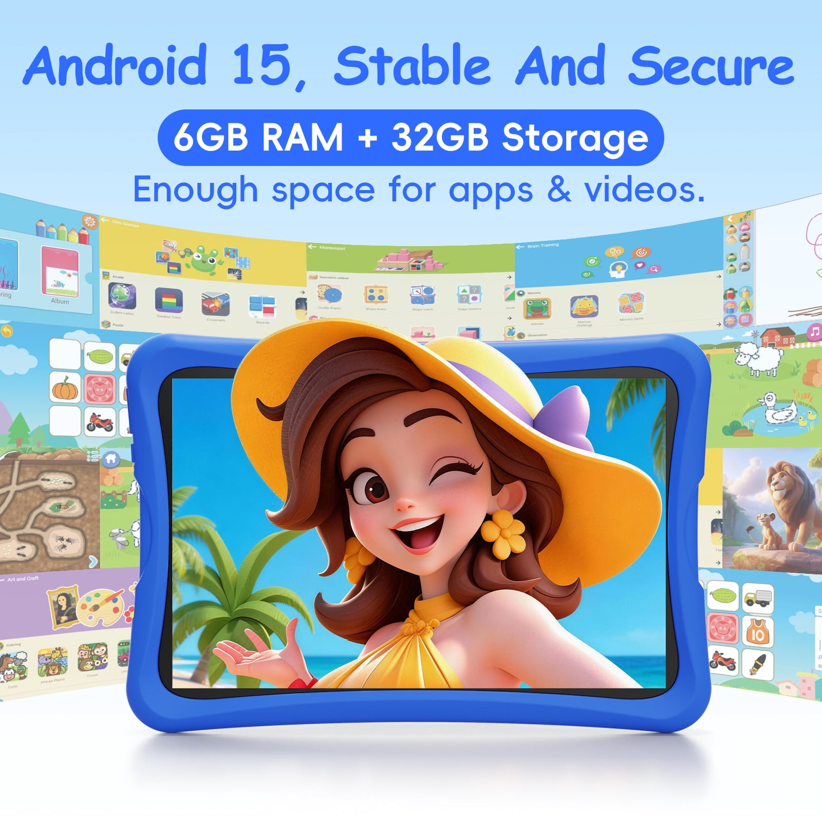 10.1" Android 15 Kids Tablet, 6GB+32GB & Dual Camera Tablet for Kid, 6000mAh，Parent Control, Child Education Tablet with WiFi(Blue)