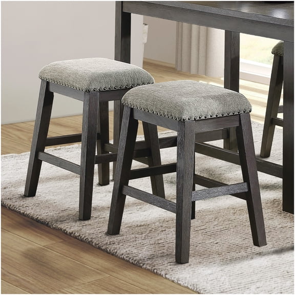 Gray Chenille Upholstered Counter Bar Stools Set of 2 with Nailhead Detail and Wood Legs