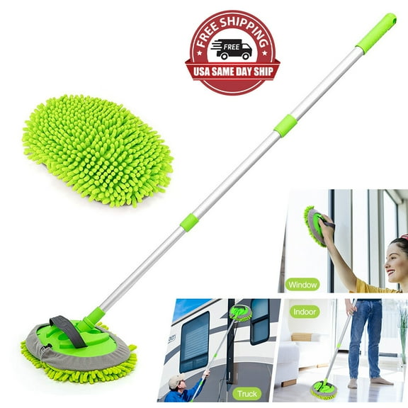 2-in-1 Car Wash Mop Mitt 44" Long Handle Chenille Microfiber Car Wash Dust Brush