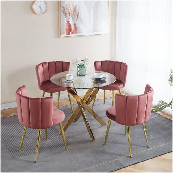 Mid-Century Modern 5-Piece Dining Set with Glass Top Table and Velvet Chairs for 4-6 People, Gold and Pink Finish